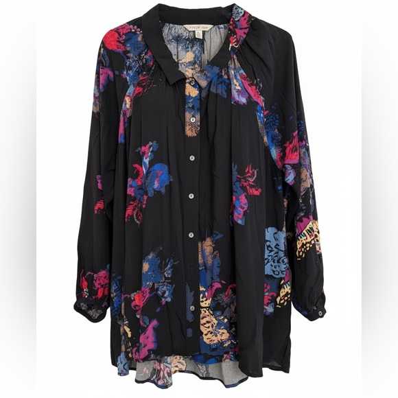 Free People Tops - FREE PEOPLE Meadow Lark Black Floral Oversized Tunic Blouse 100% Rayon S-L